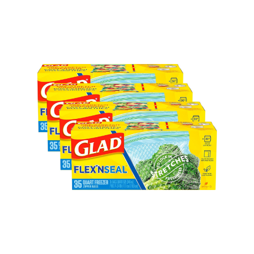 Glad FLEX'N SEAL Freezer Storage Plastic Bags, Quart, 35-Count (Pack of 4)