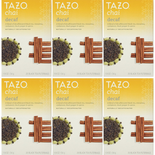 Tazo Decaf Chai, Spiced Black Tea 20 Count, Pack of 6
